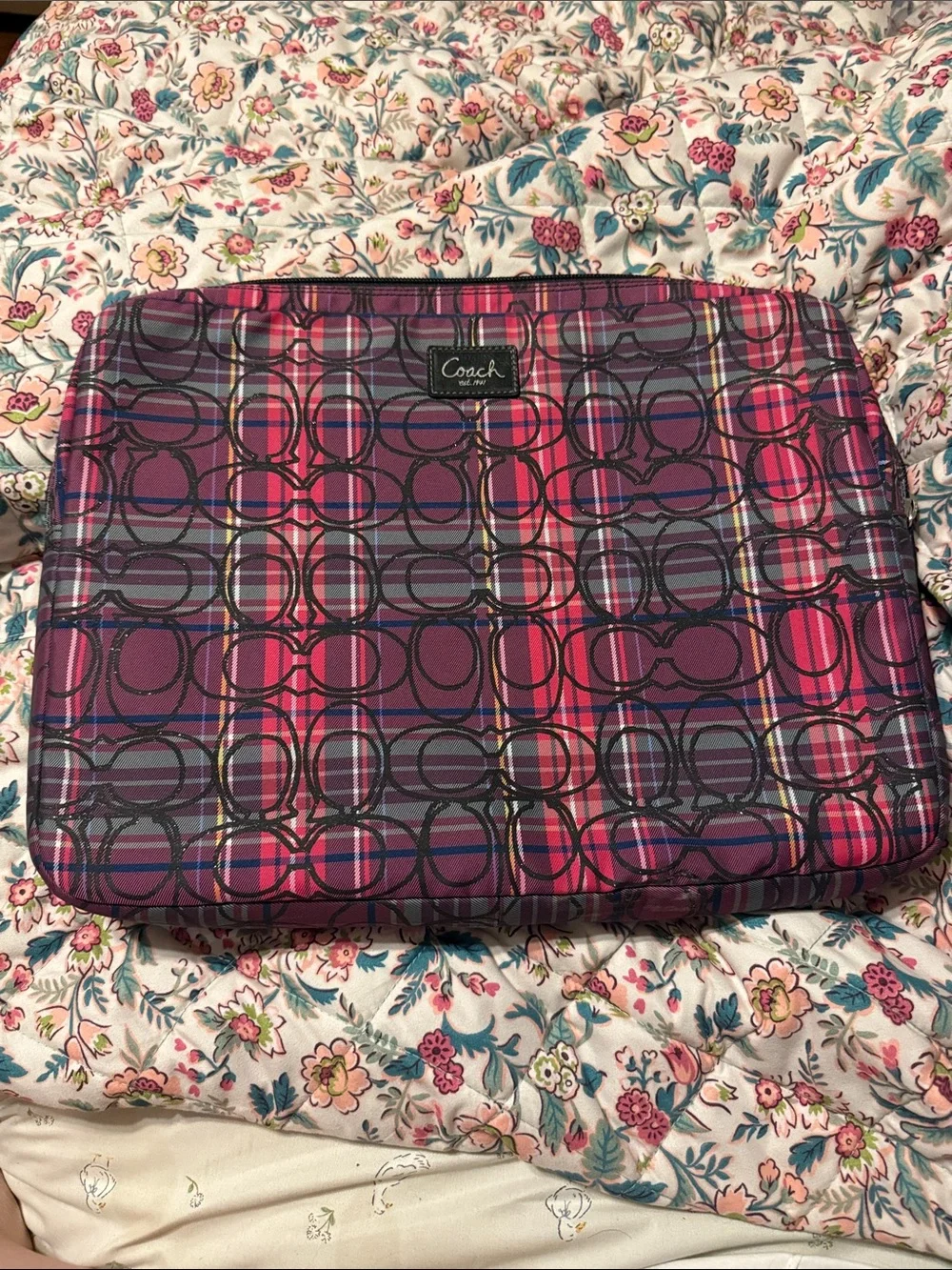 Coach Plaid Signature Laptop Sleeve in Purple and Pink Tones